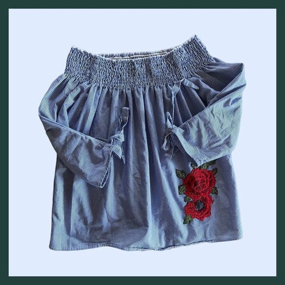 BeBop Off-Shoulder Stripe Blouse with Ruched Detail & Half Sleeves with Tie, M - Picture 1 of 4